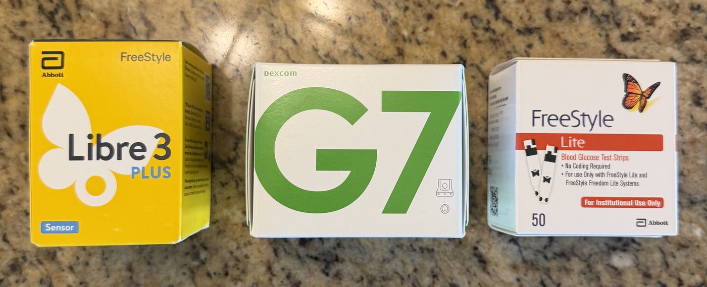 Sealed boxes of FreeStyle Libre 3 Plus sensors, Dexcom G7 sensors, and FreeStyle Lite test strips